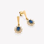 Aretes en oro 18k amarillo, Roseta con Zafiro Azul y Circonios.