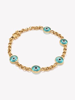 Pulsera en oro 18k. amarillo Rollo con Ojos Turcos Celestes de 8mm.