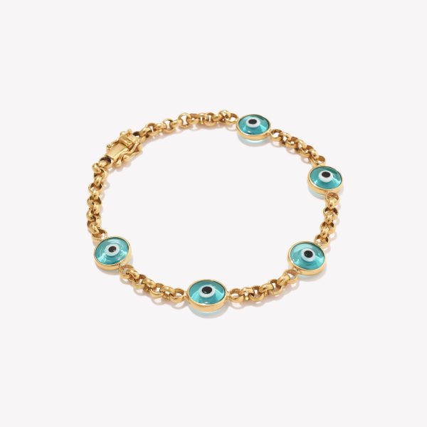 Pulsera en oro 18k. amarillo Rollo con Ojos Turcos Celestes de 8mm.