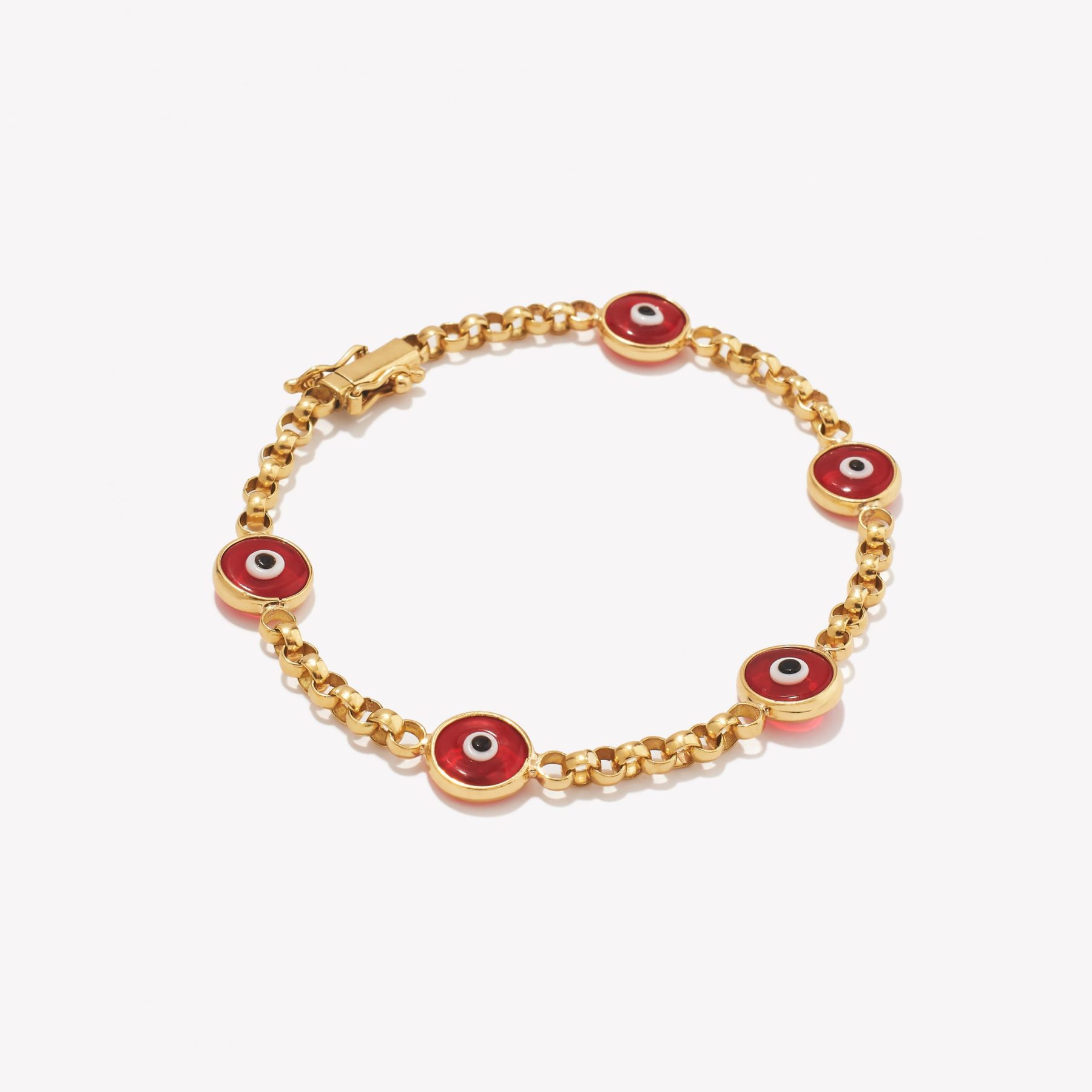 Pulsera en oro 18k. Rollo con Ojos Turcos Rojos de 8mm.