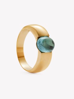 Anillo oro 18k amarillo, Topacio Azul Cabuchón.