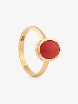 Anillo oro 18k amarillo, Coral Oval Cabuchón.