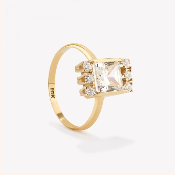 Anillo Roseta Cuadrado con Circonios, Oro Amarillo