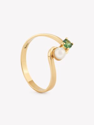 Anillo oro 18k amarillo, Tú y Yo con Esmeraldina y Perla Cultivada.
