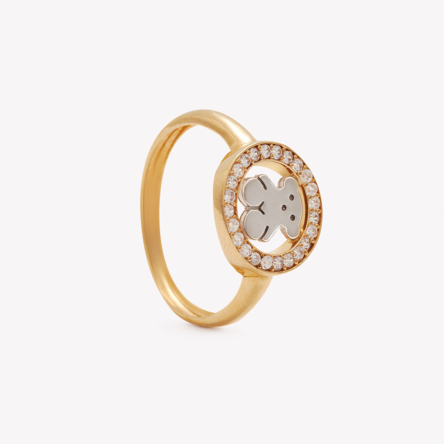 Anillo oro 18k amarillo, Aureola con oso y Brillantes Moissanitas.
