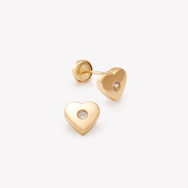 Aretes Corazón, coun un circón al centro en oro amarillo