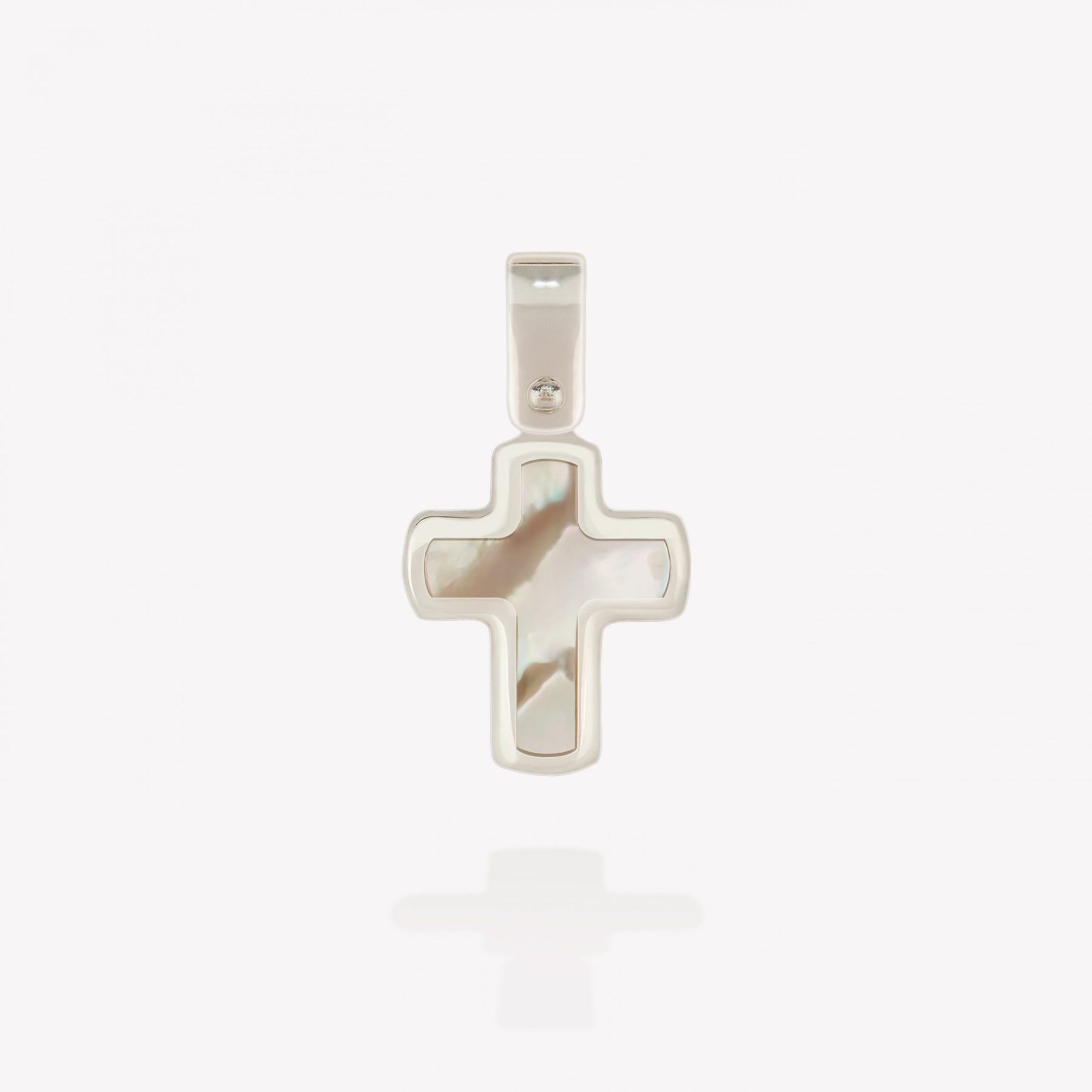 Dije oro 18k blanco, Cruz con Nacar.
