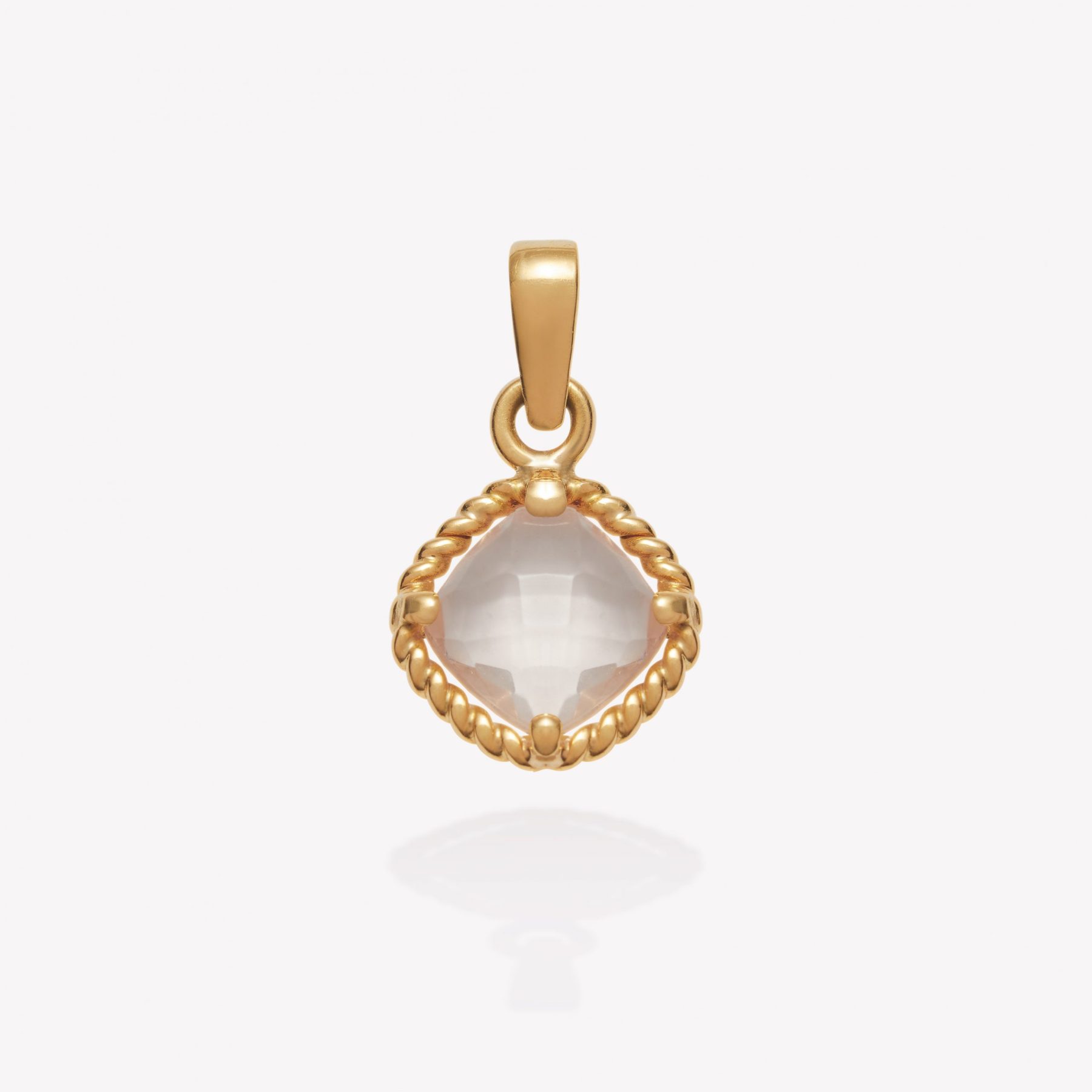 Dije oro 18k amarillo, Rombo con Cuarzo Rosado y Entorchado.