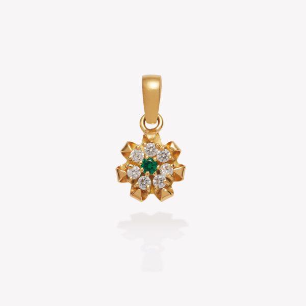 Dije oro 18k amarillo, Margarita con Esmeralda y Circonios.