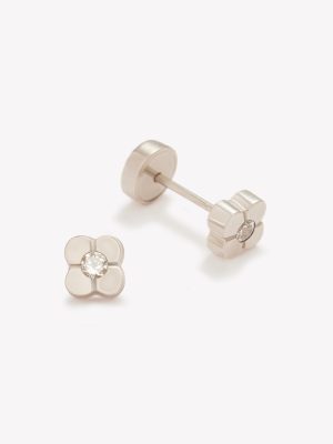 Arete Trébol con Circon, Oro Blanco