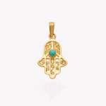 Dije oro 18k amarillo, Mano de Fátima calado con turquesa.