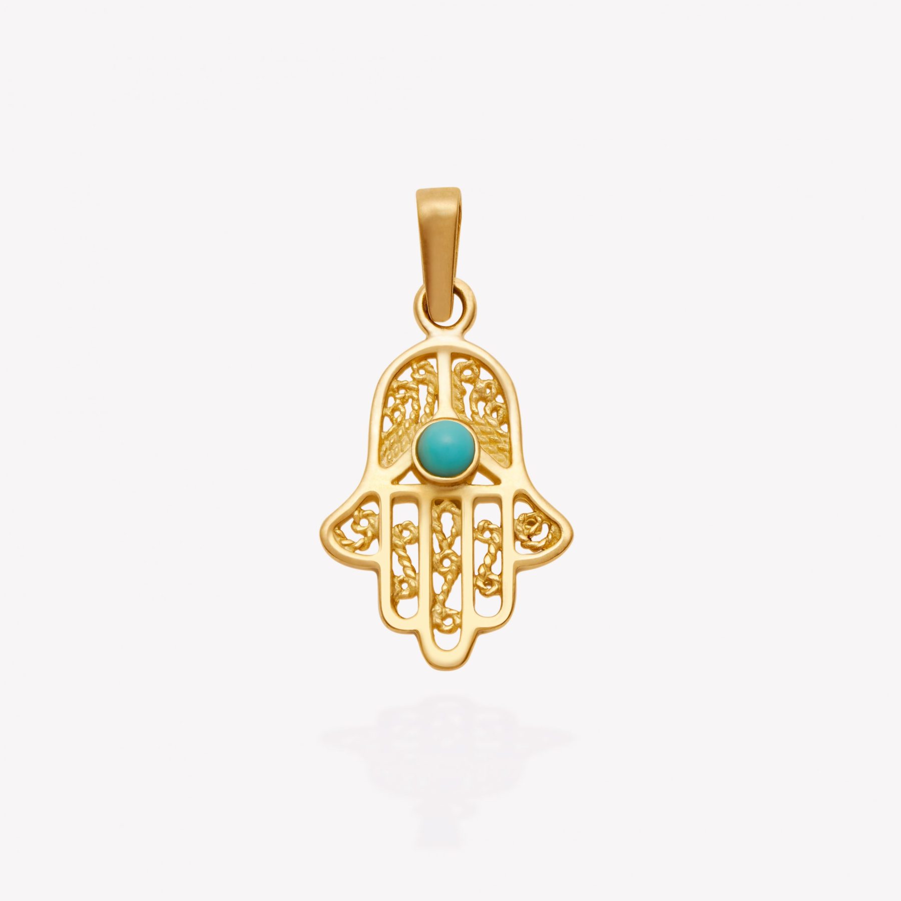 Dije oro 18k amarillo, Mano de Fátima calado con turquesa.