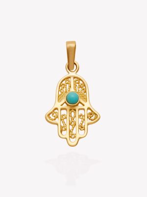 Dije oro 18k amarillo, Mano de Fátima calado con turquesa.