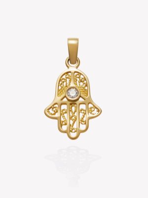 Dije oro 18k amarillo, Mano de Fátima con Circón Cúbico.