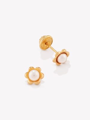 Aretes Pétalos con Perla Cultivada, Oro Amarillo