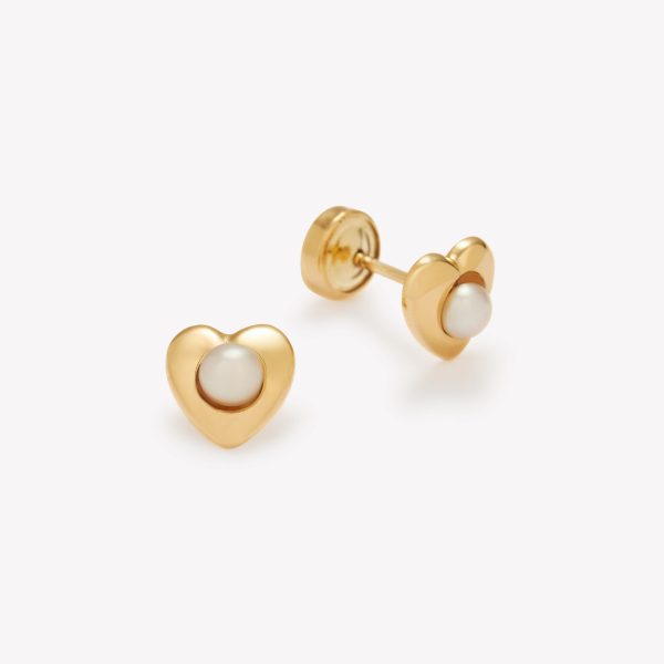 Aretes Corazón con Perla Cultivada, Oro Amarillo