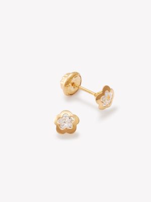 Aretes Trébol Calado con Circón, Oro Amarillo