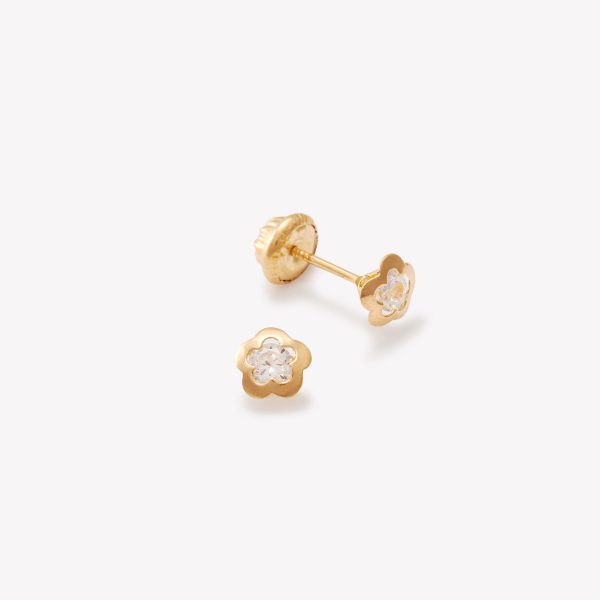Aretes Trébol Calado con Circón, Oro Amarillo