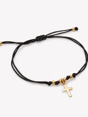 Pulsera Macrame Negro con Dije Cruz, Oro Amarillo