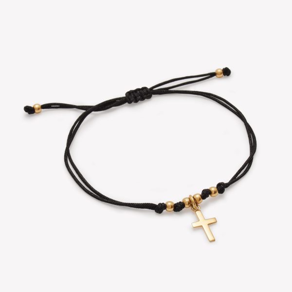 Pulsera Macrame Negro con Dije Cruz, Oro Amarillo