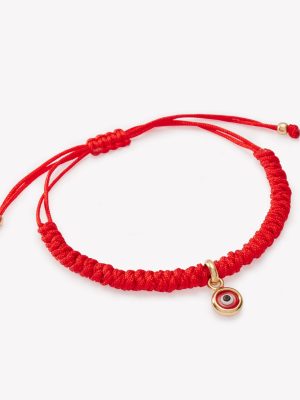 Pulsera macrame con ojo turco rojo 18k. amarillo