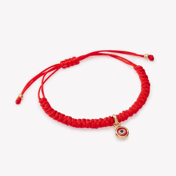 Pulsera macrame con ojo turco rojo 18k. amarillo