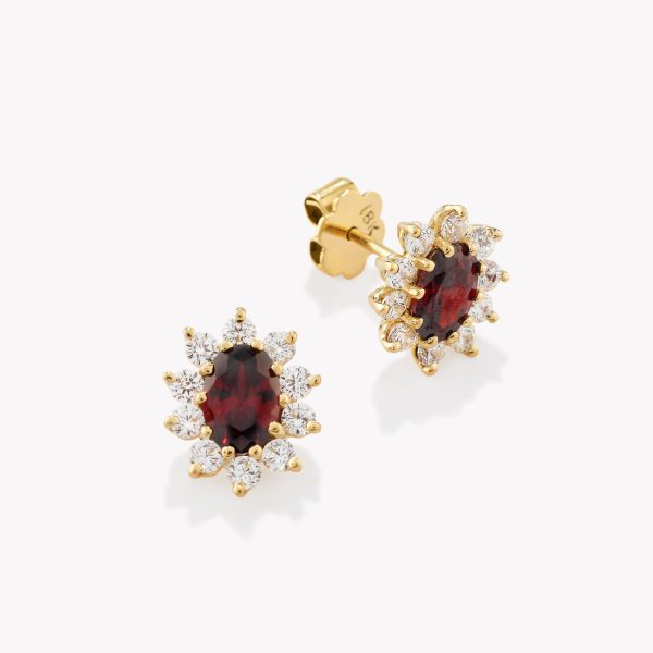 Aretes Roseta en oro 18k amarillo, Granate Oval.