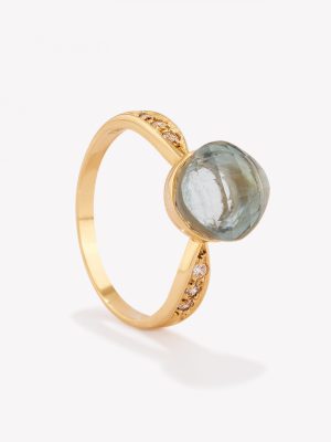 Anillo oro 18k amarillo, Pomelato Azul con 3 Brillantes Moissanitas.
