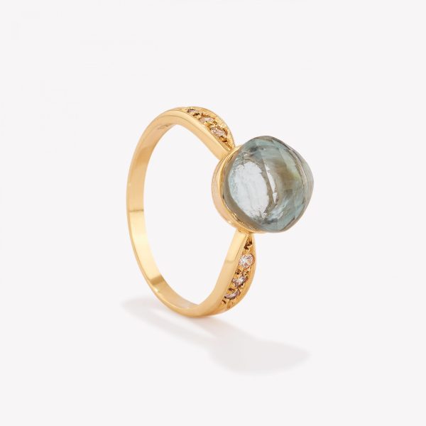 Anillo oro 18k amarillo, Pomelato Azul con 3 Brillantes Moissanitas.