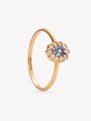 Anillo oro 18k amarillo, Mini roseta con zafiro rosa