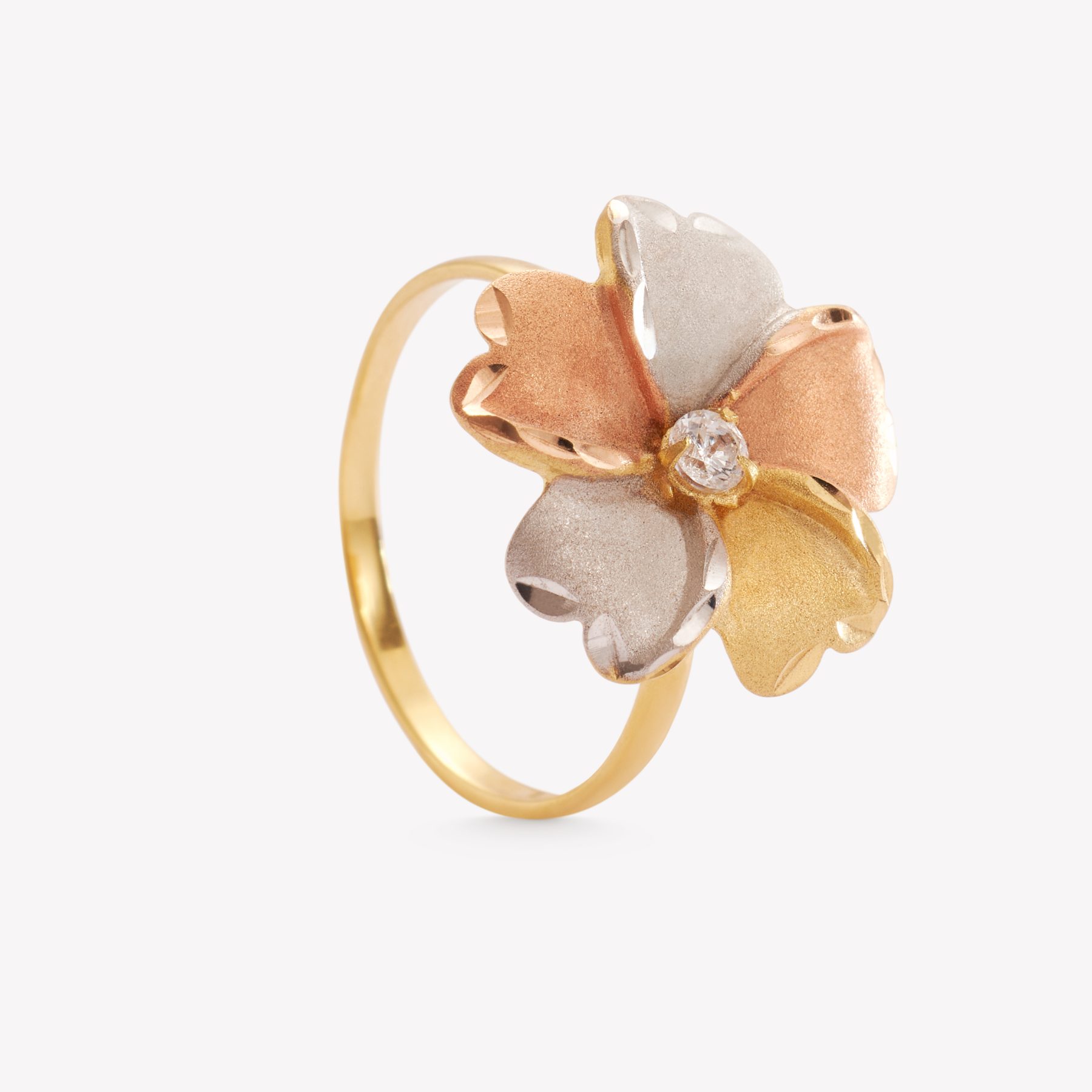 Anillo oro 18k amarillo, Flor mate tricolor