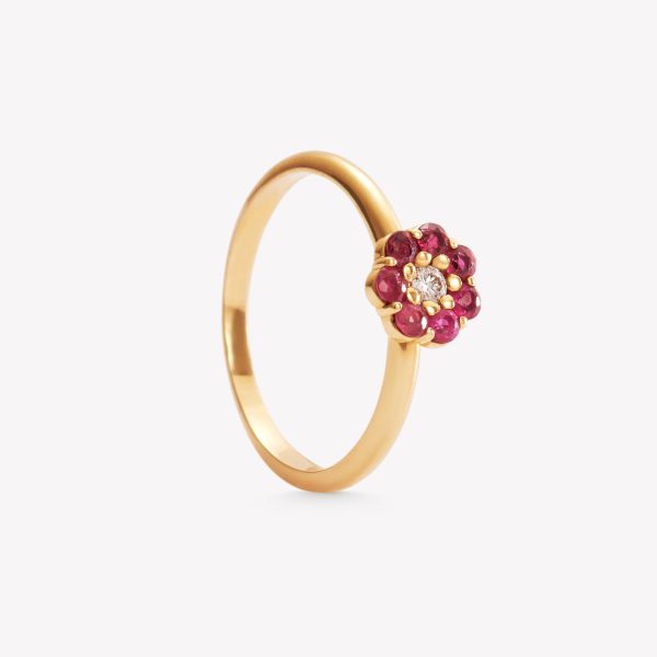 Anillo oro 18k amarillo, flor con 7 rubies