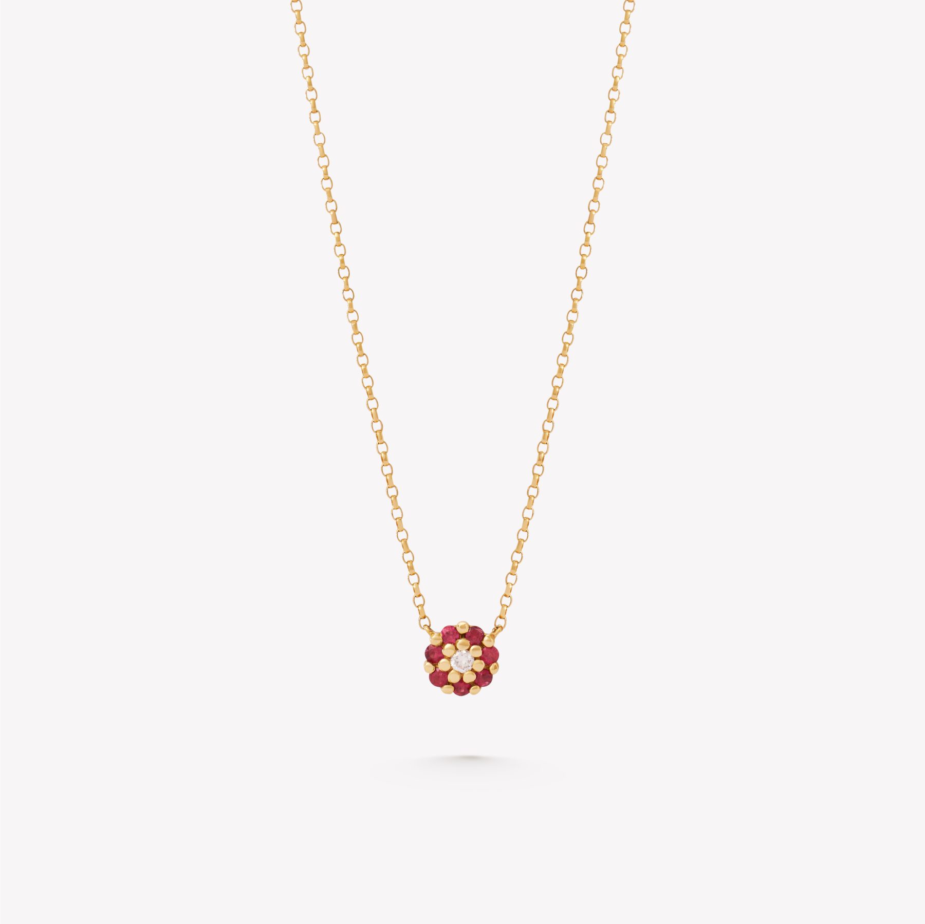 Cadena oro 18k amarillo, prisma de 45cm. y centro rosa con Rubies.