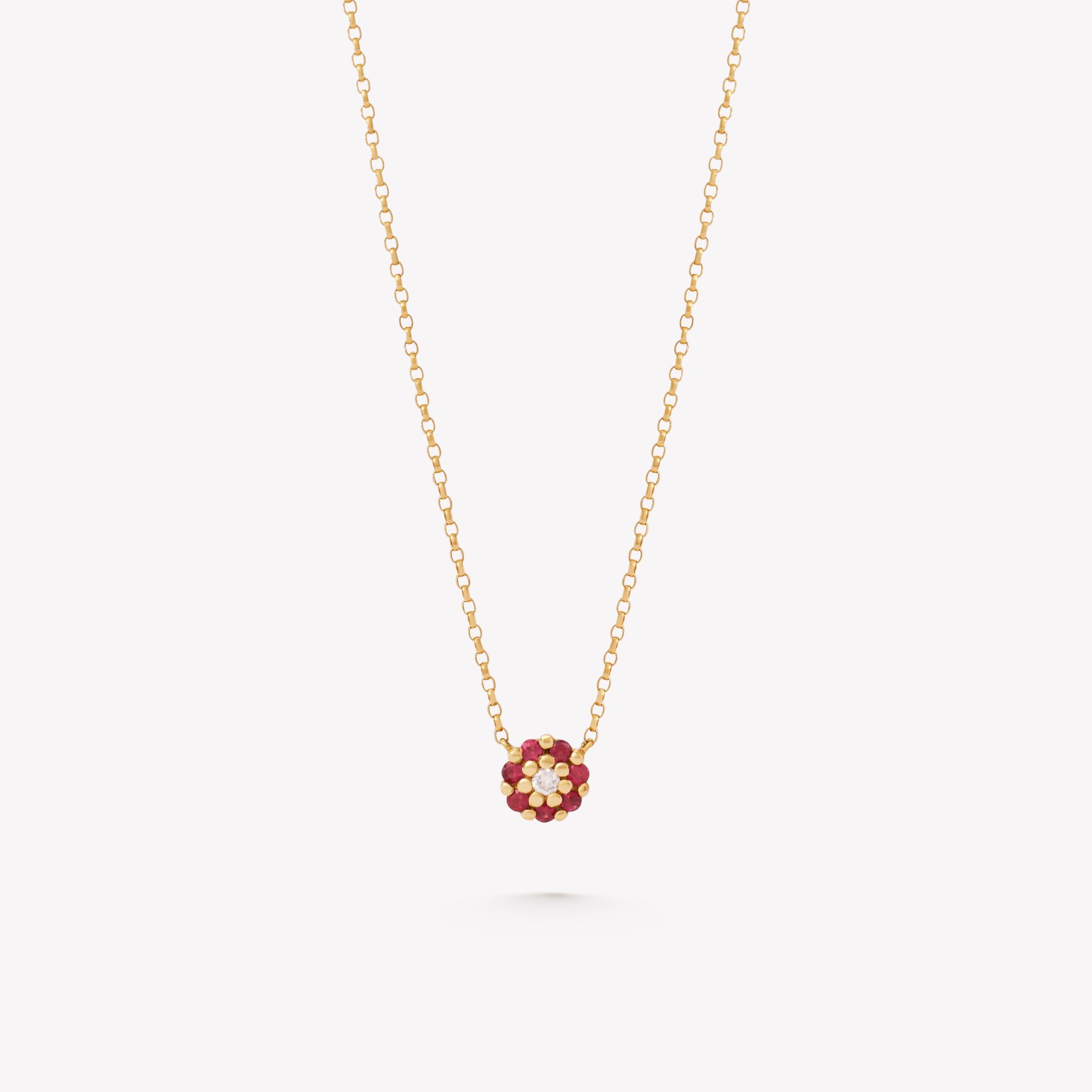 Cadena oro 18k amarillo, prisma de 45cm. y centro rosa con Rubies.