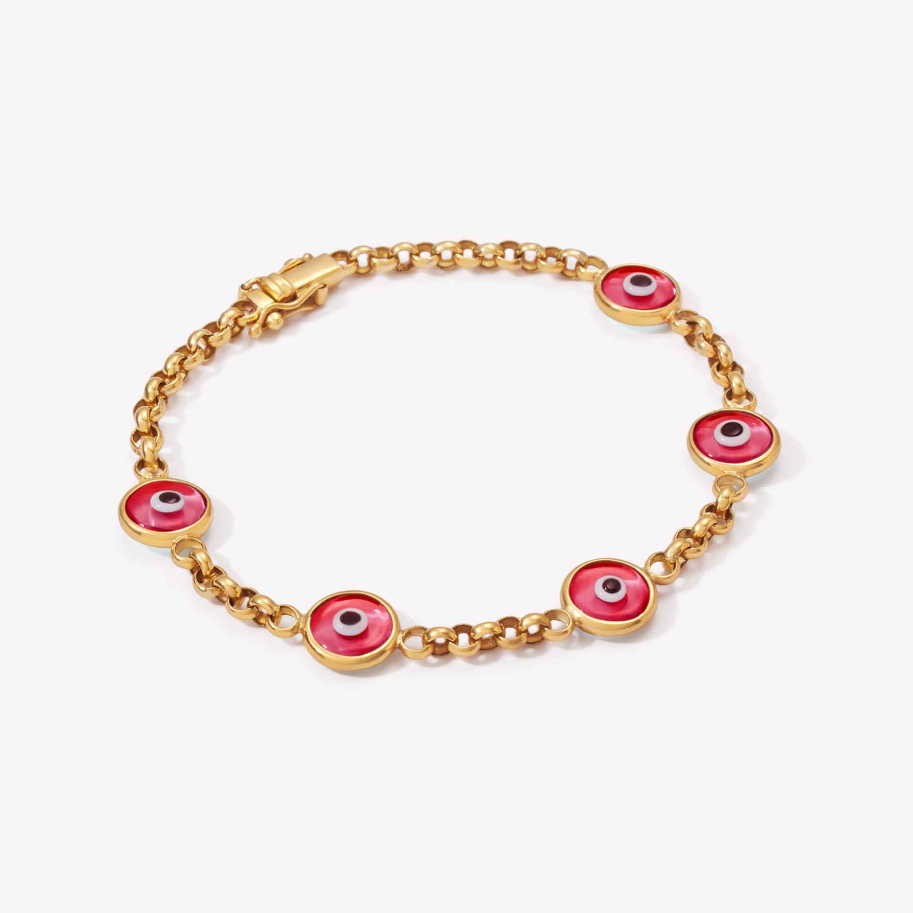 Pulsera ROLLO CON 5 OJOS TURCOS ROJOS en oro amarillo 18k