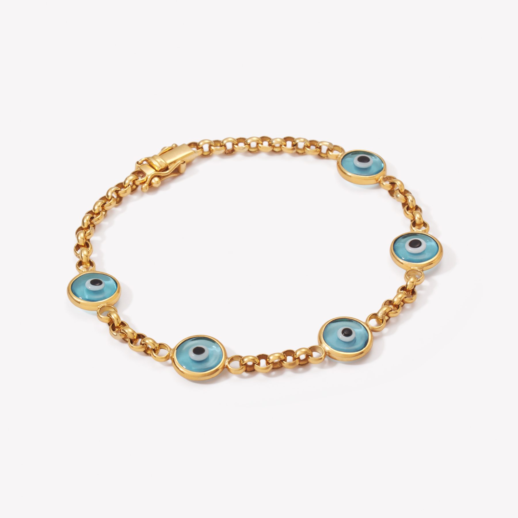 Pulsera ROLLO CON 5 OJOS TURCOS CELESTES en oro amarillo 18k
