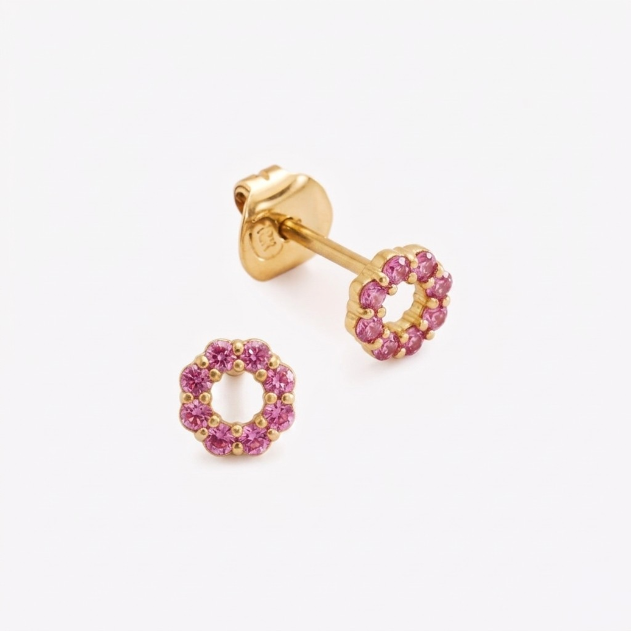 Aretes RIVIERE CIRCULAR CON ZAFIROS ROSA en oro amarillo 18k