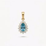Dije ROSETA TOPACIO AZUL GOTA y moissanitas en oro amarillo 18k